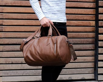 Brown Leather Duffle Bag  Men Medium, Shoulder Travel Weekender w/ Shoe Compartment, Gym Sports Carry On. Handmade. Personalized Monogram