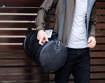 Black Leather Duffle Bag  Men Medium Shoulder Travel Weekender Shoe Compartment, Gym Bag Carry On. Handmade Overnight Clothes. Custom Gift