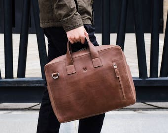 Brown Leather Briefcase Men Attache, Portfolio Messenger Shoulder Bag Laptop Business Crossbody, Document Holder, Gifts for men