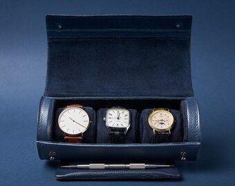 Navy Leather Watch Display Case, 3-4 Watches Roll, Watch Organizer for Men, Travel Watch Case, Watch Case Holder, Watch Storage, Custom Gift
