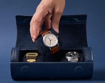 Navy Leather Travel Watch Case, Watch Holder Case, Watch Organizer for Men, 3-4 Watches Storage Box, Watch Roll Case, Custom Gift for Men
