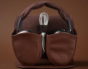 Brown AirPods Max Case, Headphones Leather Protective Case, Travel Cover Apple AirPods Max Accessory, Fits with Smart Case, Men Custom Gifts
