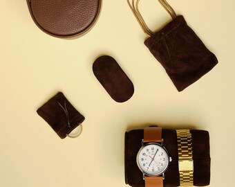 Watch Case, Glasses Case, Jewelry Box, Brown Leather Travel Case, Watch Box, Watch Roll, Suede Pillow Storage Organization Handmade by Capra