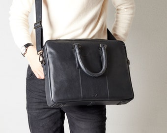 Black Leather Office Briefcase Men Attache, Document Portfolio Messenger Shoulder Bag, Laptop Business Work travel Crossbody Custom Engraved