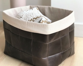 Leather Storage Bin, Basket for Blankets, Shoes, Laundry & More. Living Room Decor. Custom sizes available.