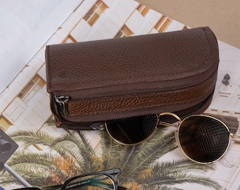 Brown Leather Glasses Case Double Men, Two Sunglasses Bag, Eyewear Twin Pouch, Travel Ray-Ban Sleeve Cover. Custom Monogram Gift