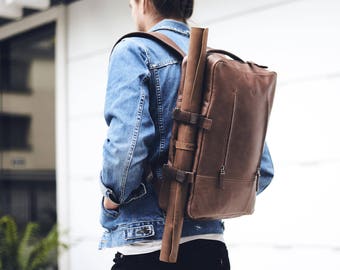 Brown Leather Laptop Backpack Men. Travel Rucksack, Handmade Bookbag, Camera Designer Bag, Work Urban City Daypack, Custom Engraving Gift