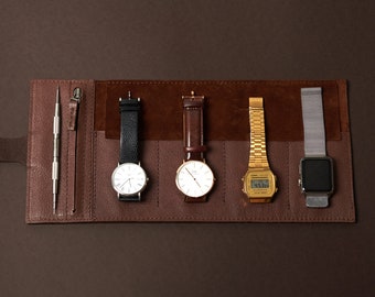 Brown Leather Watch Roll, 2-6 Watches, Men Travel Watch Storage Pouch, Watch Box Organizer Apple Band Watch Case. Monogrammed Mens Gift