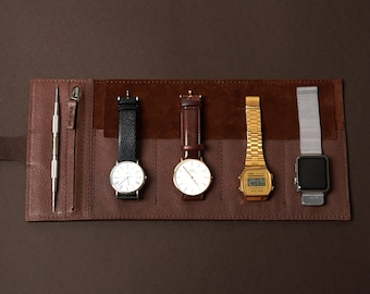 Rollo de reloj de cuero marrón, 2-6 relojes, bolsa de almacenamiento para relojes de viaje para hombres, caja organizadora para relojes, funda para reloj Apple Band. Regalo para hombre con monograma