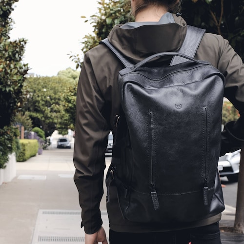 Black Leather Laptop Backpack Men 