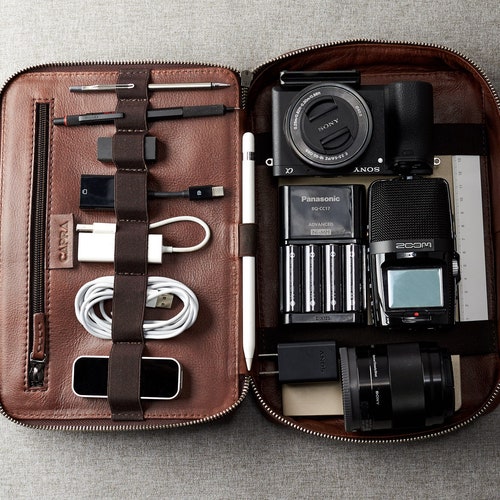 Brown Leather Travel Tech Organizer Men 