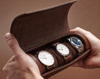 Braune Leder Uhrentasche, 3-4 Uhren, Herren Reise uhren Aufbewahrung, Uhrenrolle Reisetasche für Männer, Aufbewahrungsbox, Individuell graviert, Geschenke für Männer