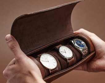 Brown Leather Watch Case, 3-4 Watches, Men Travel Watch Storage, Watch Roll Travel Case for Men, Storage Box, Custom Engraved, Gifts for Men