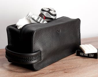 Black Leather Toiletry Bag Men, Handmade Travel Dopp Kit, Wash Shaving Pouch, Waterproof Toiletries Storage. Custom Groomsmen Monogram Gift