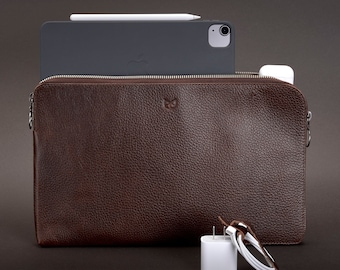 Dark Brown Leather iPad Case with Pencil Holder, Men Sleeve, Apple iPad Cover, Case for iPad Pro 11-in, 12.9-in Magic Keyboard, Zipper Pouch