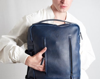 Blue Leather Laptop Backpack Men. Travel Rucksack, Handmade Bookbag, Camera Designer Bag, Work Urban City Daypack Custom Engraving Mens Gift