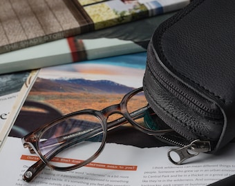 Black Leather Glasses Case Double Men, Two Sunglasses Bag, Eyewear Twin Pouch, Travel Suede Sleeve Cover. Custom Monogram Gift