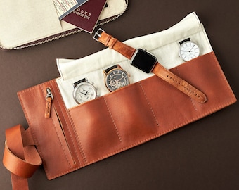 Tan Leather Watch Roll, 2-6 Watches Slots, Men Travel Watch Storage Pouch Watch Box Organizer Apple Band Watch Case. Monogrammed Mens Gift