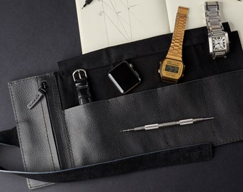 Rollo de reloj de cuero negro, 2-6 ranuras para relojes, bolsa de almacenamiento para relojes de viaje para hombres, caja organizadora para relojes Apple Band. Regalo para hombre con monograma