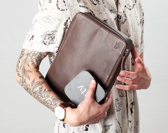 Dark Brown Leather Travel Tech Organizer Men, iPad Case, Electronics Accessory Storage, Gadget Bag, Pouch Dopp Kit. Custom Monogram Gift