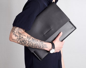 Black Leather Pixelbook and Pixelbook Go Case, Men Handmade Google Sleeve, Protective Folio, Pen Holder Tech Carrying Bag, Custom Monogram