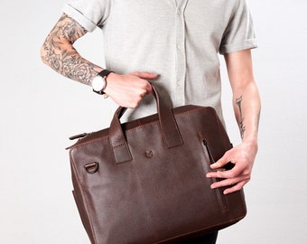 Dark Brown Leather Briefcase Men Attache, Portfolio Messenger Shoulder Bag, Laptop Business Crossbody, Document Holder, Gifts for Men