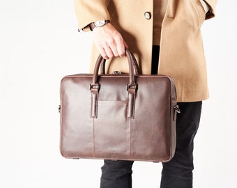 Dark Brown Leather Office Briefcase Men Attache, Document Portfolio Messenger Shoulder Bag, Laptop Business travel Crossbody Custom Engraved