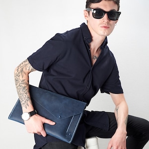 Navy Leather iPad Sleeve Case with Apple Pencil Holder, iPad Air Cover, iPad Pro 11-in Folio, iPad Pro 12.9-in Carrying, Monogram Mens Gifts