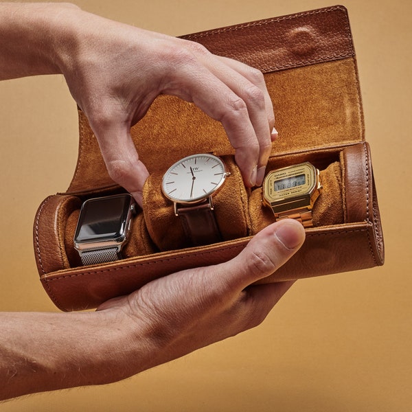 Bruine lederen reishorlogekast, heren reishorloge opberger, horlogerol voor heren, 3-4 horloges opbergdoos, sieradenopslag, aangepaste cadeaus voor mannen