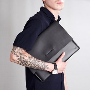 Black Leather ASUS ZenBook Pro Duo Sleeve, Men Laptop Case, ASUS Pencil Holder, Protective Folio Carrying Bag, Custom Engraved Gift for Men