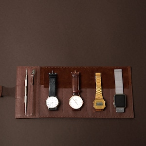 Brown Leather Watch Roll, 2-6 Watches, Men Travel Watch Storage Pouch, Watch Box Organizer, Apple Band Watch Case. Monogrammed Mens Gift image 4