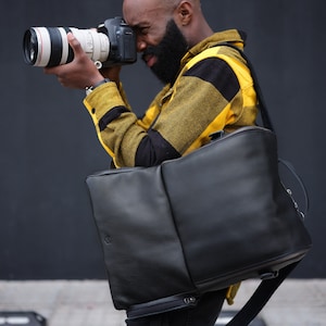 Black Leather Camera Backpack, Urban Backpack, DSLR Backpack, Commuter Backpack, Rucksack, Men Daypack, Laptop Backpack, Custom Monogram