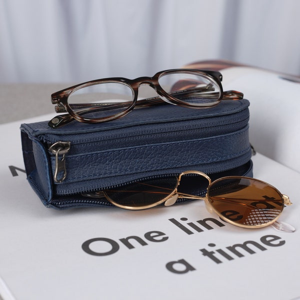 Navy Leather Glasses Case Double Men, Two Sunglasses Bag, Eyewear Twin Pouch, Travel Suede Sleeve Cover. Custom Monogram Gift CAPRA LEATHER