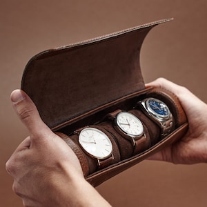 Brown Leather Watch Case, 3-4 Watches, Men Travel Watch Storage, Watch Roll Travel Case for Men, Storage Box, Custom Engraved, Gifts for Men