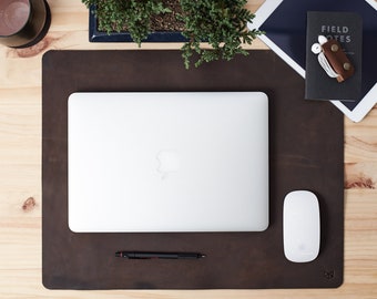 Desk Pad Setup Kit Brown Leather, Mat Blotter Organizer, Home Office Setup, Laptop Mouse Pad, Custom Monogram Gift for Men. Matching Coaster