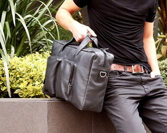 Black Leather Shoulder Bag, Handmade Satchel Men, Crossbody Messenger Travel Bag, Laptop Computer Carry On. Custom Monogrammed Gift CAPRA