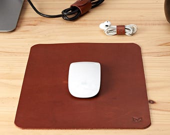 Brown Leather Mouse Pad Men, Desk Mouse Pad Kit, Cable Organizers, Minimalist Desk Mat, Office Accessories Supplies. Monogrammed Men Gifts