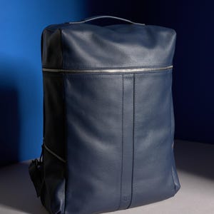 Navy Leather Laptop Backpack, Travel Rucksack, MacBook 17 Backpack, MacBook 16 Bag for Men. Daypack City Bag, Custom Emboss Monogram Gift
