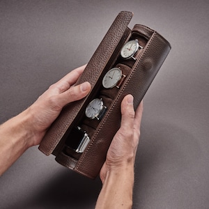 Donkerbruine leren horlogekast, 3-4 horloges, heren reishorloge opberger, horlogerol reisetui voor heren, opbergdoos, op maat gegraveerd, herencadeau