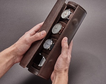 Estuche de piel marrón oscuro para 3-4 relojes, ideal para viajes. Estuche enrollable para relojes de hombre, caja de almacenamiento, grabado personalizado, regalo para hombre.