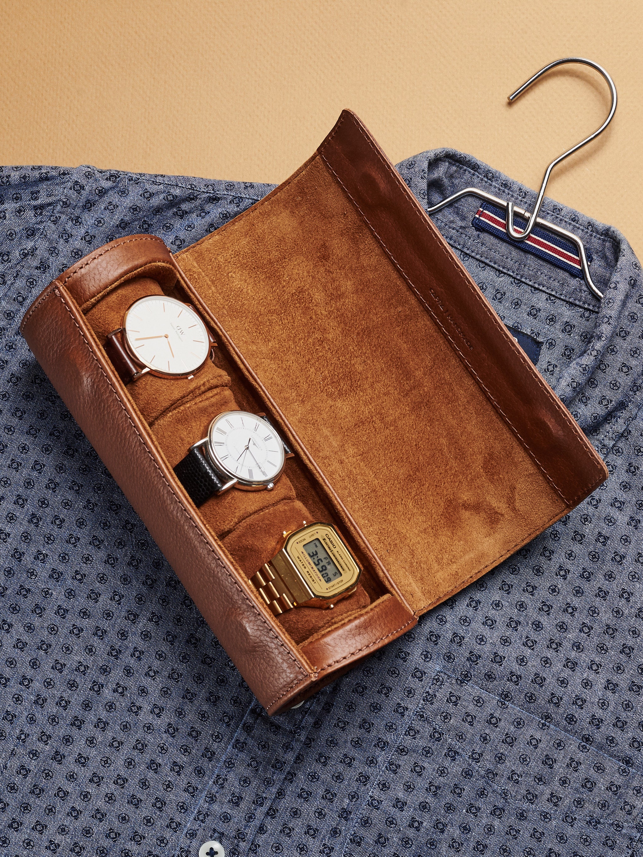Étui De Voyage Pour Montre En Simili Cuir Marron Clair - 1 Compartiment Microsuède