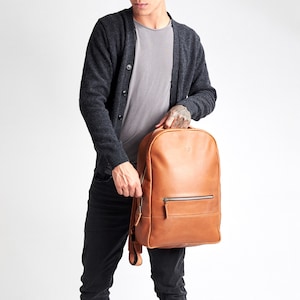 Tan Leather Backpack Laptop Men, Handmade Travel Bag, Camera Rucksack, DaypackWork Bookbag, Urban Weekender, Personalized Monogram Gift image 2