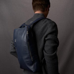 Navy Leather Slim Tech Laptop Backpack. Mens Minimalistic Tech Organization Bag. Everyday Use, Carry Essentials. Custom Emboss Monogram