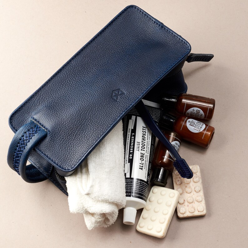 Ocean blue Leather Toiletry Bag Men, Handmade Travel Dopp Kit, Wash Shaving Pouch, Waterproof Toiletries Storage. Custom Engraved Gift image 2