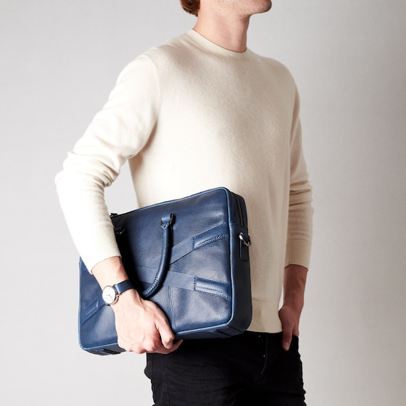 Navy Leather Office Briefcase Men Attache, Document Portfolio