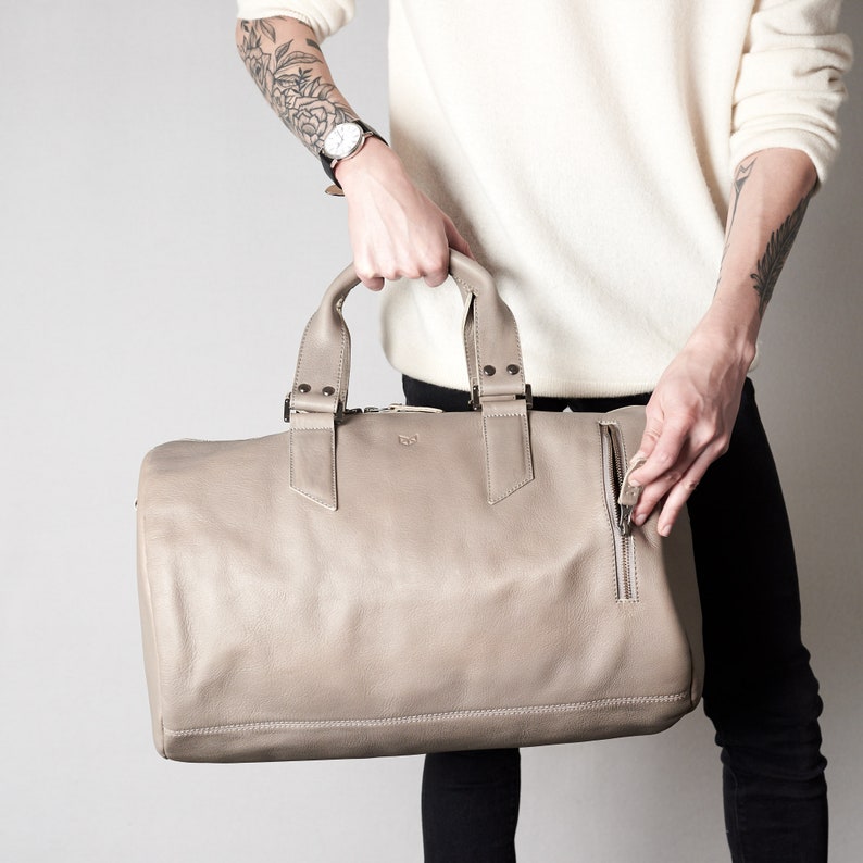 Grey Leather Duffle Bag Men Medium Shoulder Travel Weekender Etsy