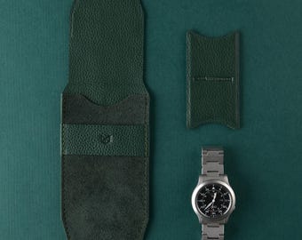 Green Suede Watch Pouch, Travel Watch Holder, Calf Suede Watch Case, Full Grain Leather Insert, Single Watch Protector, Men Luxury Gift