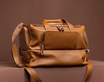 Tan Ventra Leather Sport Bag, Premium Gym Bag, Travel Duffel with Compartments, Handmade Carryall, Weekender Bag, Custom Mens Gift
