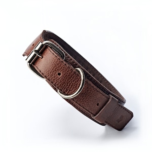 Op de afbeelding: Een bruine leren hondenriem met een zilveren gesp.