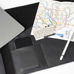 Black Leather Laptop Tablet Document Portfolio for Men, A4 File Holder Case, Business Work Organizer. Letter Folio. Custom Monogram Gift image 4